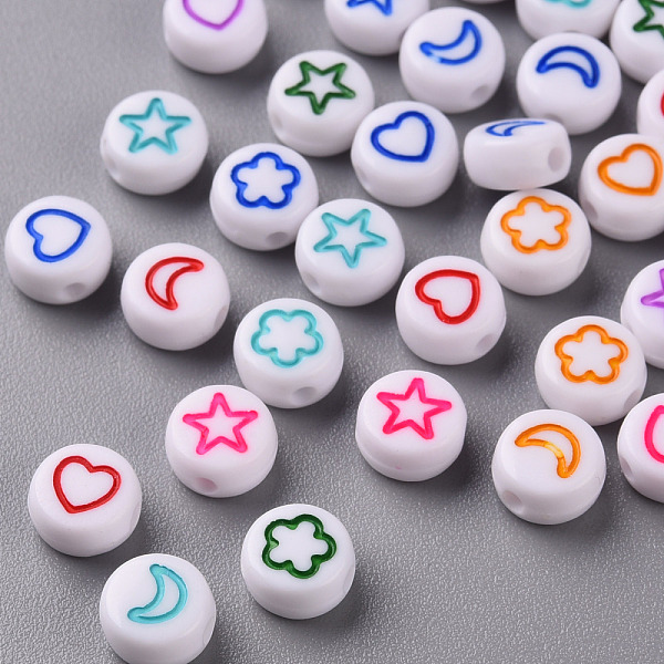 PandaHall White Opaque Acrylic Beads, Flat Round with Heart & Flower & Moon & Star, Mixed Color, 7x4mm, Hole: 1.6mm Acrylic Flat Round...