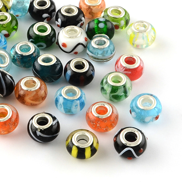 

PandaHall Rondelle Mixed Style Handmade Lampwork European Large Hole Beads, with Silver Color Plated Brass Cores, Mixed Color, 14x9~10mm..., Multicolor