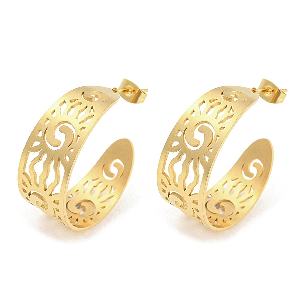 

PandaHall 304 Stainless Steel Hollow Sun Stud Earrings, Half Hoop Earrings, Golden, 30x12.5mm 304 Stainless Steel Sun