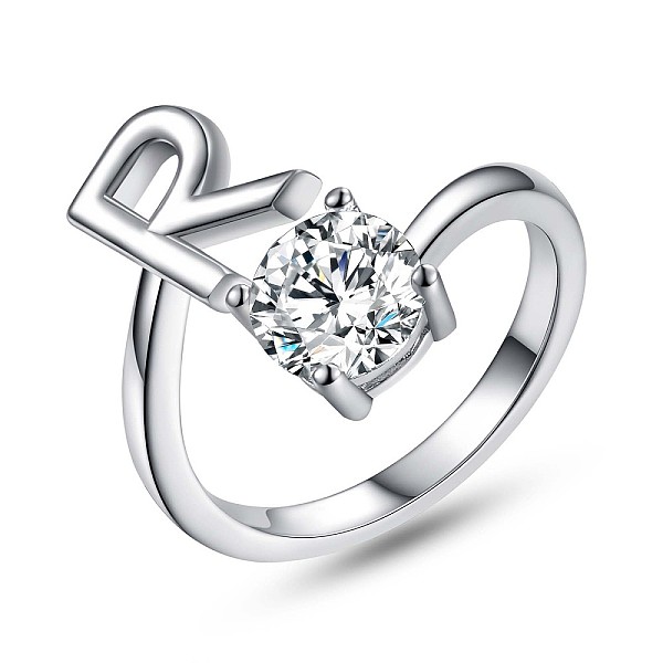 

PandaHall Rhodium Plated 925 Sterling Silver Initial Letter Open Cuff Ring, Clear Cubic Zirconia Ring for Women, Platinum, Letter.R, US Size...
