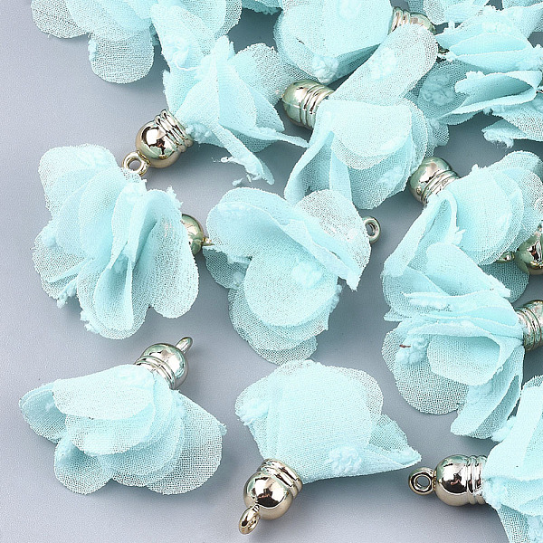 

PandaHall Chiffon Pendants, with CCB Plastic, Flower, Golden, Pale Turquoise, 30~35x25~35mm, Hole: 1.6mm Cloth Flower Cyan