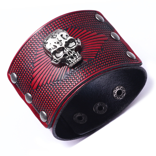 

PandaHall Genuine Cowhide Cord Bracelets, with Alloy Findings, Skull, Antique Silver, Dark Red, 9-1/2 inch(24.3cm), 58mm Alloy Red