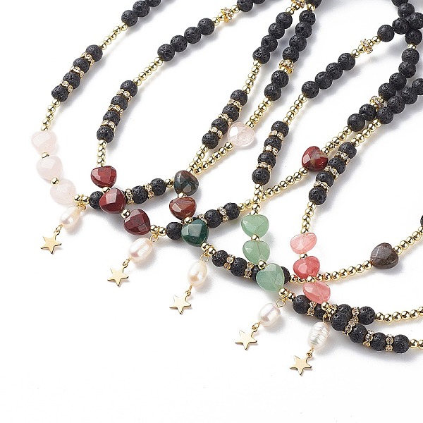 

PandaHall Natural Lava Rock & Gemstone Heart Beaded Necklace, Natural Pearl with 304 Stainless Steel Star Charm Necklace for Women, 15.51...