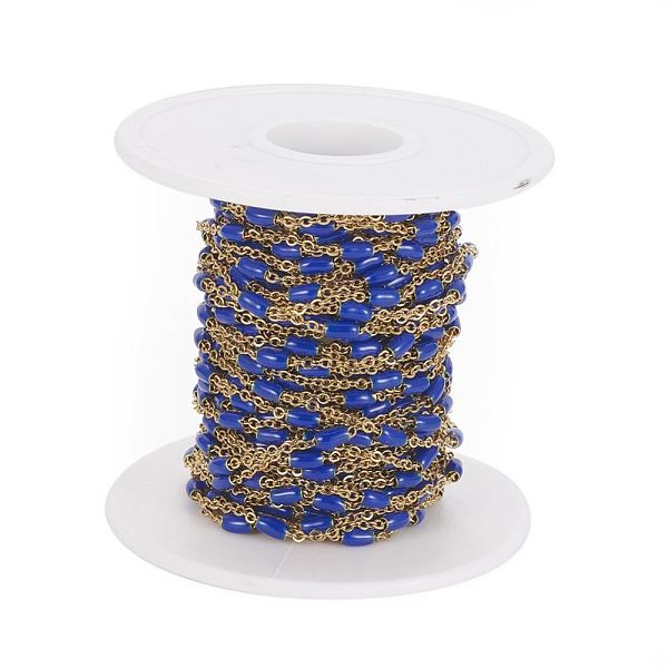 

PandaHall Ion Plating(IP) 304 Stainless Steel Cable Chains, with Enamel Oval Beads, Soldered, with Spool, Flat Oval, Golden, Blue, 5x2.5mm...