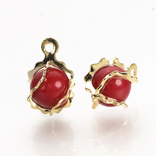 

PandaHall Brass Charms, with Acrylic, Round, Nickel Free, Real 18K Gold Plated, Red, 11x8x8mm, Hole: 1mm Brass+Acrylic Round Red