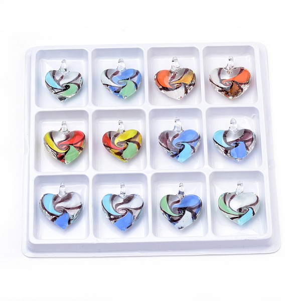 

PandaHall Handmade Lampwork Pendants, Heart, Mixed Color, 38~41x31~35x15~16mm, Hole: 5~6mm, 12pcs/box Lampwork Heart Multicolor