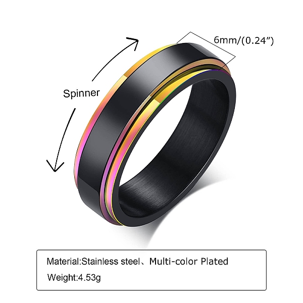 

PandaHall Stainless Steel Black Rainbow Color Rotatable Ring, Wide Band Ring for Men, Black, US Size 9(18.9mm) Stainless Steel