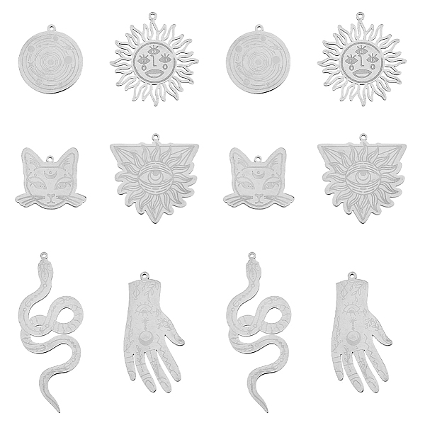

PandaHall DICOSMETIC 12Pcs 6 Styles 201 Stainless Steel Pendants, Laser Cut, Sun & Hand & All Seeing Eye & Snake & Cat & Flat Round with...