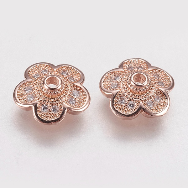 

PandaHall Brass Micro Pave Cubic Zirconia Bead Cap, 5-Petal, Rose Gold, 10x3mm, Hole: 1mm Brass+Cubic Zirconia Clear