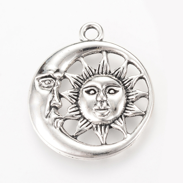 

PandaHall Tibetan Style Alloy Pendants, Flat Round with Sun & Moon, Cadmium Free & Nickel Free & Lead Free, Antique Silver, 30x26.5x3mm...