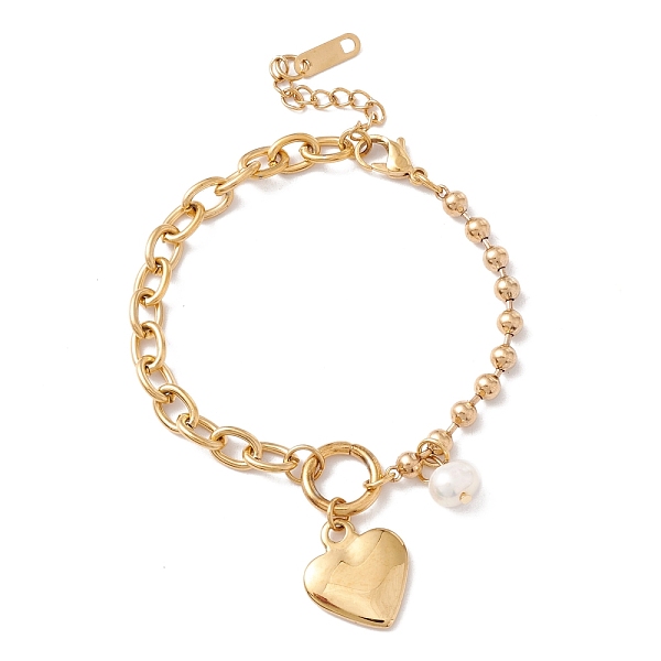 Heart And Natural Pearl Charms Bracelet With 304 Stainless Steel Chains For Women