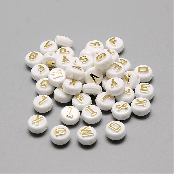 

PandaHall Plating Acrylic Beads, Golden Metal Enlaced, Horizontal Hole, Mixed Letters, Flat Round, Gold, 9.5~10x6mm, Hole: 2mm, about...