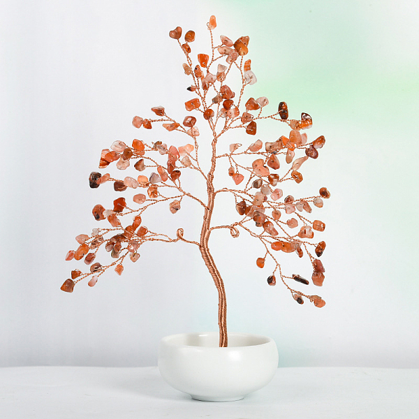 

PandaHall Undyed Natural Carnelian Chips Tree of Life Display Decorations, with Porcelain Bowls, Copper Wire Wrapped Feng Shui Ornament for...