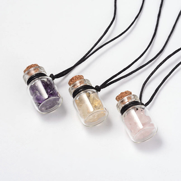 

PandaHall Beautiful Design Adjustable Glass Wishing Bottle Pendant Necklaces, with Waxed Cord, Mixed Stone Beads and Wooden Bungs, 13.3..., Black