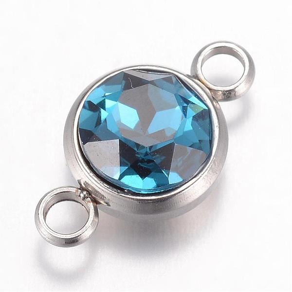 

PandaHall K9 Glass Links connectors, Faceted, with 304 Stainless Steel Findings, Flat Round, Stainless Steel Color, Blue Zircon..., Cyan