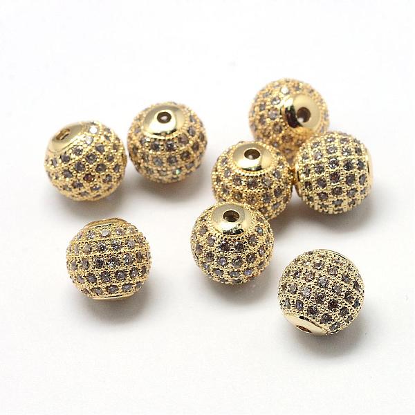 

PandaHall Rack Plating Brass Cubic Zirconia Beads, Long-Lasting Plated, Round, Golden, 9.5~10x9~9.5mm, Hole: 2mm Brass+Cubic Zirconia Round