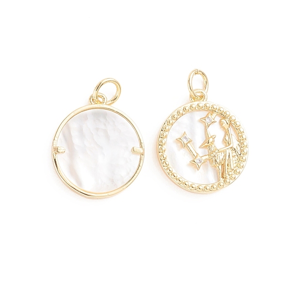 

PandaHall Brass Micro Pave Cubic Zirconia Pendants, with Natural Shell and Jump Ring, Flat Round with Twelve Constellations, Golden, Virgo..., Clear