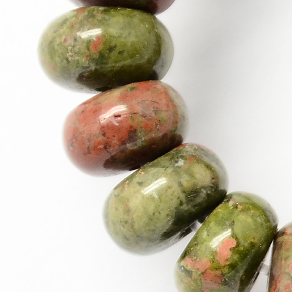 

PandaHall Natural Unakite Stone Beads Strands, Rondelle, Olive, 8x5mm, Hole: 1mm, about 60~65pcs/strand, 15.7 inch Unakite Rondelle Green