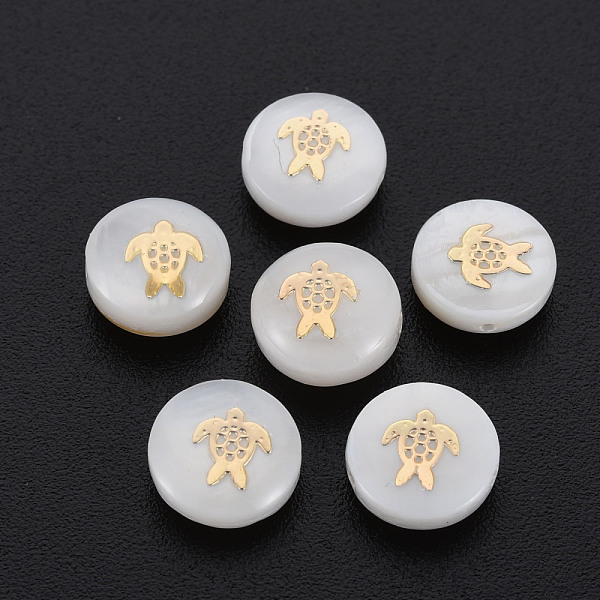 

PandaHall Natural Freshwater Shell Beads, with Golden Plated Brass Metal Embellishments, Flat Round with Tortoise, Seashell Color, 8x3.5mm...