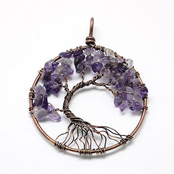 

PandaHall Natural Amethyst Chip Big Pendants, with Brass Wires, Tree, Red Copper, 62~65x48~53x5~10mm, Hole: 4mm Amethyst Tree