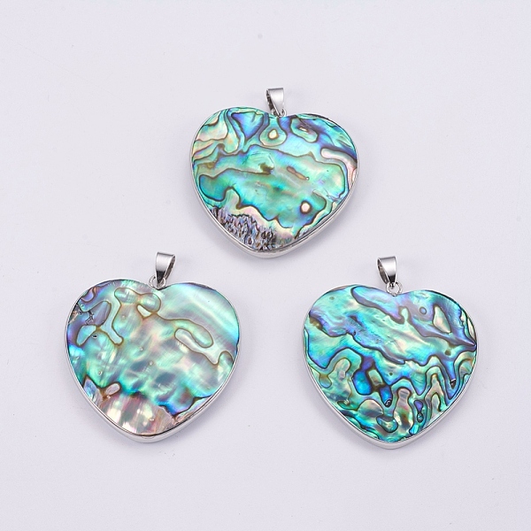 

PandaHall Abalone Shell/Paua Shell Pendants, with Platinum Tone Brass Bail, Heart, 43x41x6~7.5mm, Hole: 4.5x8mm Paua Shell Heart