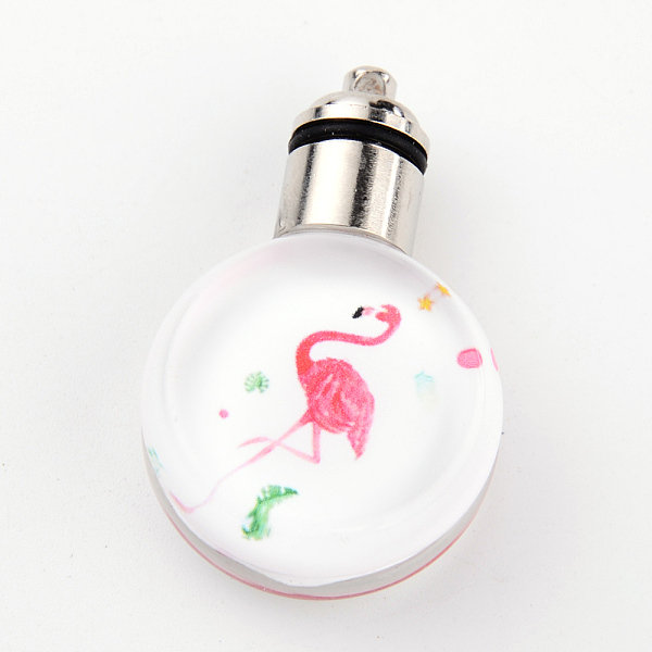 PandaHall Glass Luminous Pendants, Cadmium Free & Lead Free, Built-in Battery, with Alloy Findings, Flat Round with Flamingo Pattern...
