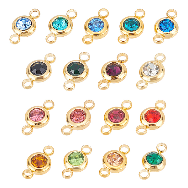 

PandaHall UNICRAFTALE 17pcs 17 Colors 2mm Hole 304 Stainless Steel Rhinestone Links Connectors Flat Round Birthstone Charm Golden Crystal..., Multicolor