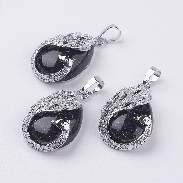 

PandaHall Synthetic Blue Goldstone Pendants, with Brass Finding, Teardrop with Peacock, Platinum, 33x20x10.5mm, Hole: 5x6.5mm Blue Goldstone...