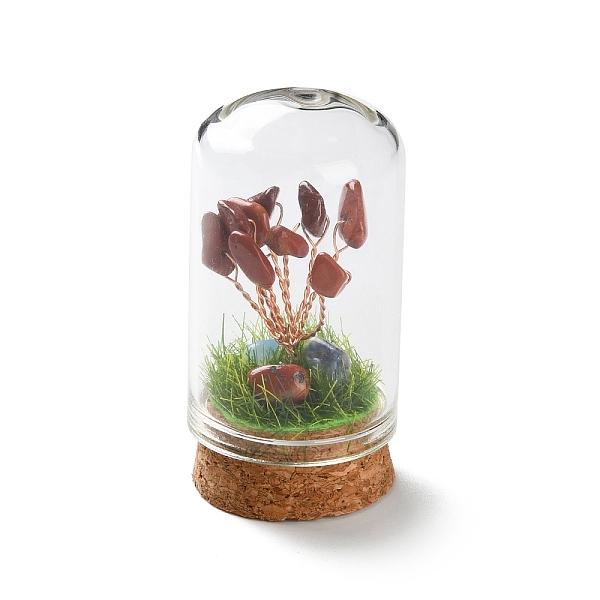 Natural Red Jasper Chips Money Tree in Dome Glass Bell Jars with Wood Base Display Decorations, for Home Office Decor Good Luck, 58.5x30mm