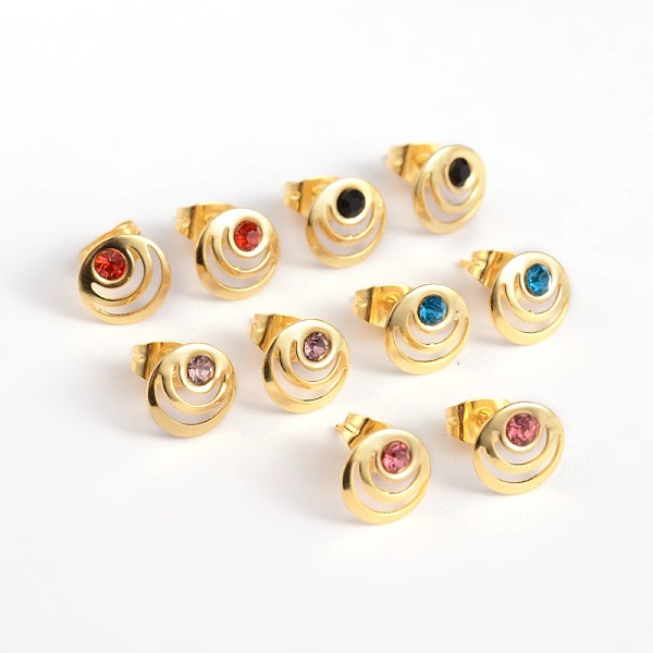

PandaHall Flat Round Golden Tone 304 Stainless Steel Rhinestone Ear Studs, Mixed Color, 9mm, Pin: 0.6mm Rhinestone Multicolor