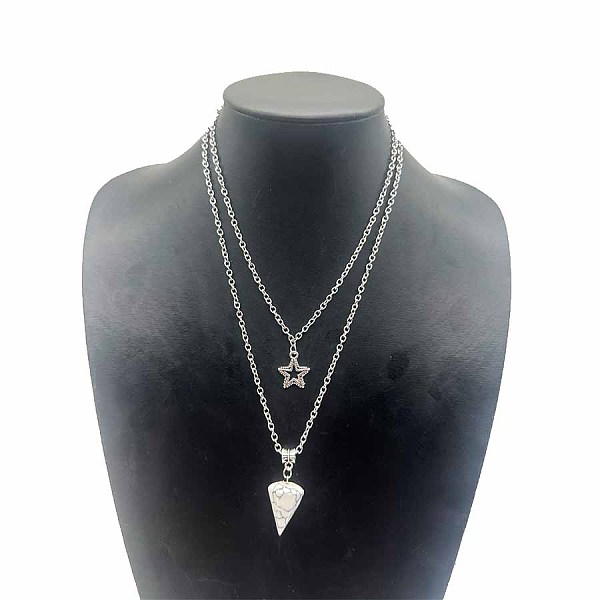 

PandaHall Star Pendant Necklaces, Natural Map Stone Hexagonal Cone Necklace, Double Layer Necklaces Map Stone