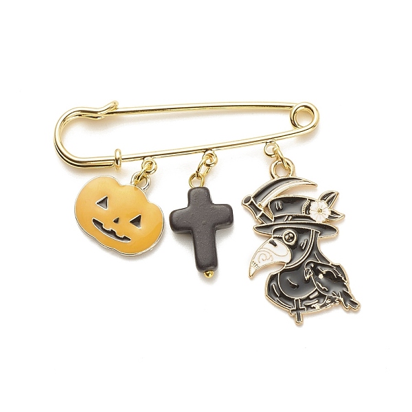 

PandaHall Halloween Pumpkin & Plague Doctor Alloy Enamel Charm Safety Pin with Synthetic Turquoise Cross, Brass Sweater Shawl Clips for..., Multicolor