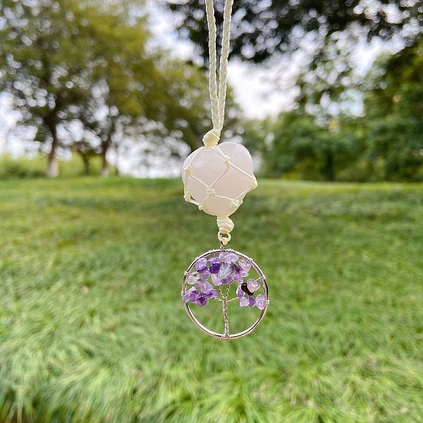 

PandaHall Heart Natural Rose Quartz Pendant Decoration, with Natural Amethyst Chips and Alloy Findings, Tree of Life, 130x30mm Amethyst...
