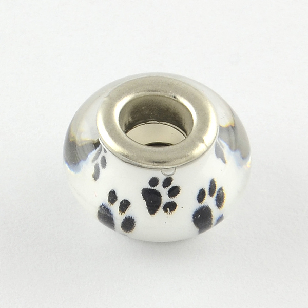 

PandaHall Large Hole Dog Paw Prints Pattern Resin European Beads, with Silver Color Plated Brass Double Cores, Rondelle, White, 14x9~10mm...