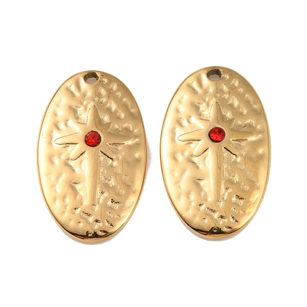 

PandaHall Ion Plating(IP) 304 Stainless Steel Pendants, with Rhinestone, Real 18K Gold Plated, Oval with Star Charm, Hyacinth..., Red