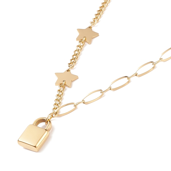 

PandaHall Ion Plating(IP) 304 Stainless Steel Padlock and Star Pendant Necklace for Women, Golden, 15.75 inch(40cm) 304 Stainless Steel