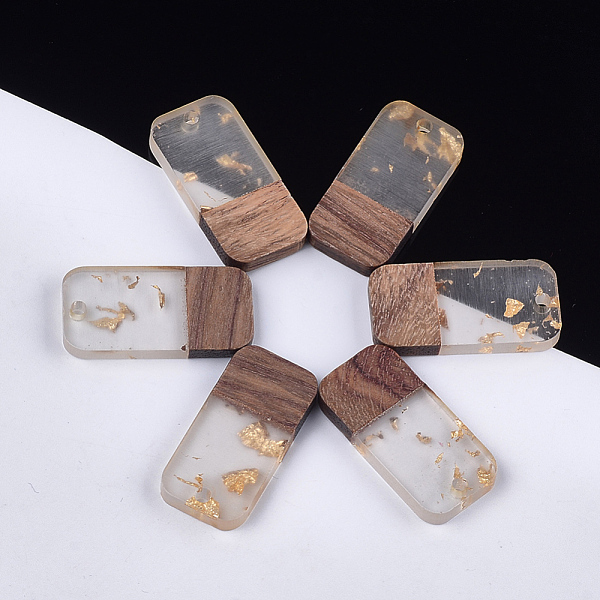 

PandaHall Resin & Walnut Wood Pendants, with Gold Foil, Rectangle, Clear, 26.5x13x3~4mm, Hole: 1.8mm Resin+Wood Rectangle Gold