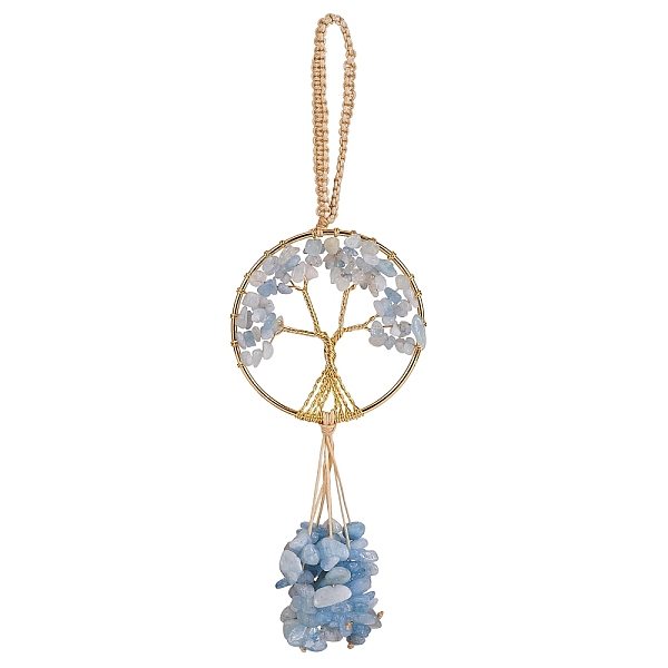 

PandaHall Wire Wrapped Chips Natural Aquamarine Big Pendant Decorations, with Brass Wires and Nylon Cord, Flat Round with Tree of Life...