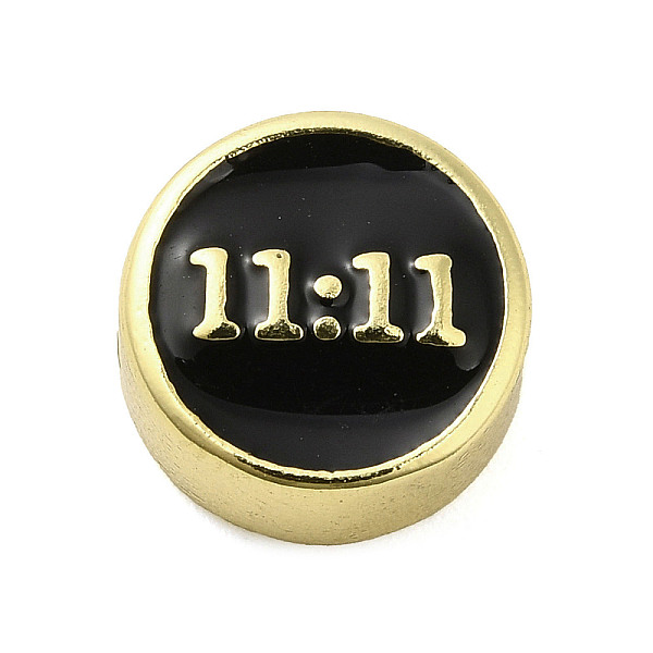 

PandaHall Rack Plating Brass Enamel Beads, Long-Lasting Plated, Cadmium Free & Lead Free, Real 18K Gold Plated, Flat Round with Number 11:11..., Black