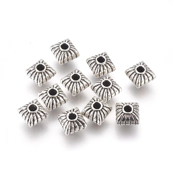 PandaHall Tibetan Style Spacer Beads, Square, Lead Free & Cadmium Free, Antique Silver, 7x7x6.5mm, Hole: 1mm Alloy Square