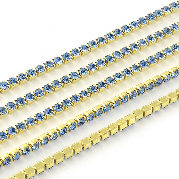 

PandaHall Nickel Free Raw(Unplated) Brass Rhinestone Strass Chains, Rhinestone Cup Chain, 2880pcs rhinestone/bundle, Grade A, Light Sapphire..., Blue