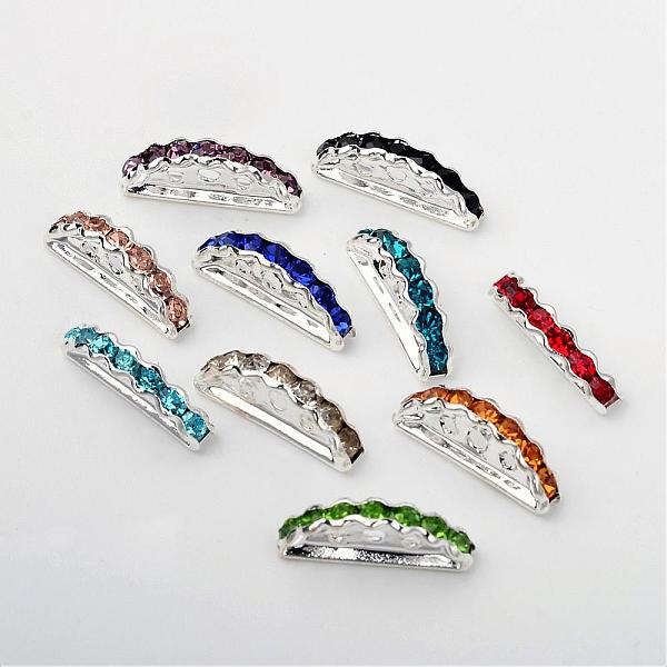 

PandaHall Half Moon Brass Rhinestone Bridge Spacers, 3-Hole, Silver Color Plated, 8x19x4mm, Hole: 1~1.5mm Brass+Rhinestone Moon Multicolor