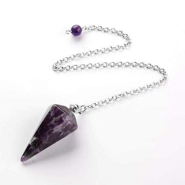 

PandaHall Platinum Tone Brass Amethyst Cone Hexagonal Pointed Dowsing Pendulums, with Lobster Claw Clasps, 230x3mm Amethyst Cone