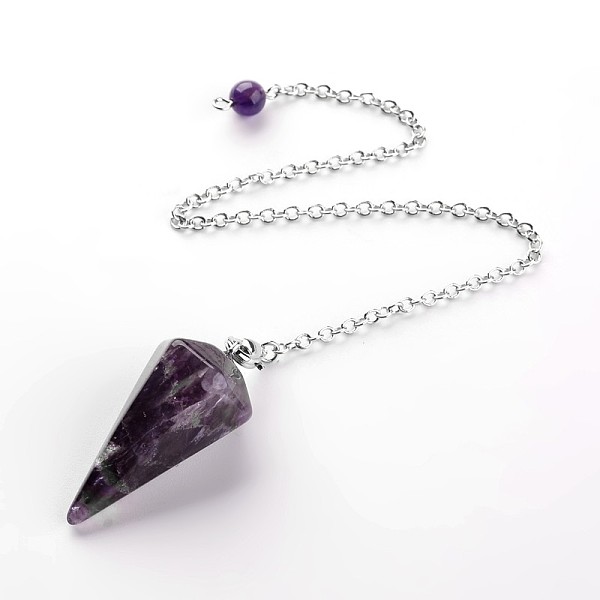 Platinum Tone Brass Amethyst Cone Hexagonal Pointed Dowsing Pendulums