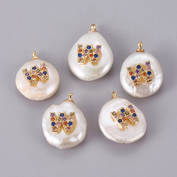 

PandaHall Natural Cultured Freshwater Pearl Pendants, with Brass Cubic Zirconia Cabochons, Long-Lasting Plated, Nuggets with Letter...