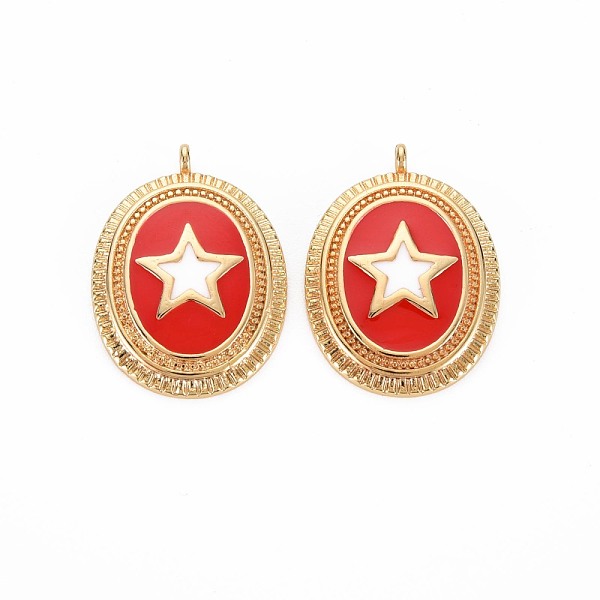 

PandaHall Brass Pendants, with Enamel, Real 18K Gold Plated, Oval with Star Charm, Crimson, 23x17x3mm, Hole: 1.4mm Brass+Enamel Oval Pink