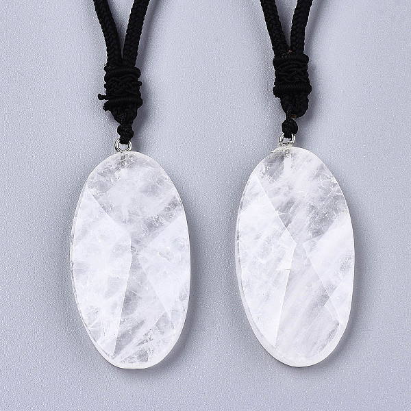 

PandaHall Natural Quartz Crystal Pendant Necklaces, with Random Color Polyester Cords, Faceted, Oval, 26~29.9 inch(66~76cm) Quartz Crystal