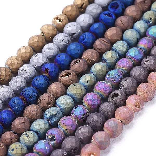 

PandaHall Electroplate Natural Druzy Geode Quartz Beads Strands, Round, Mixed Color, 6mm, Hole: 1mm Quartz Crystal Round