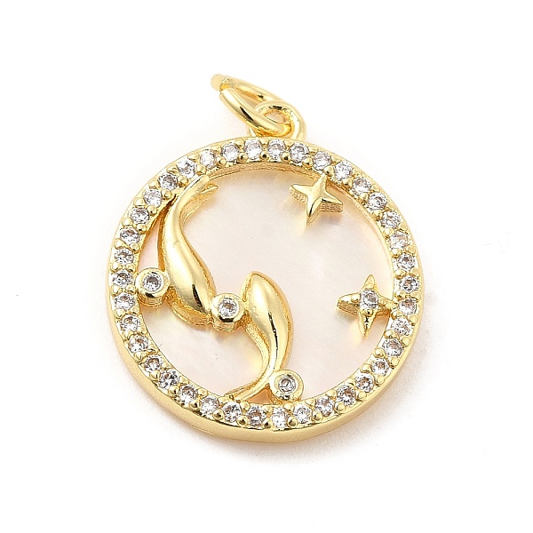 

PandaHall Brass Clear Cubic Zirconia with Shell Pendants, Flat Round Charms with Constellation Pattern, Golden, Pisces, 17x15x3mm, Hole: 3mm...