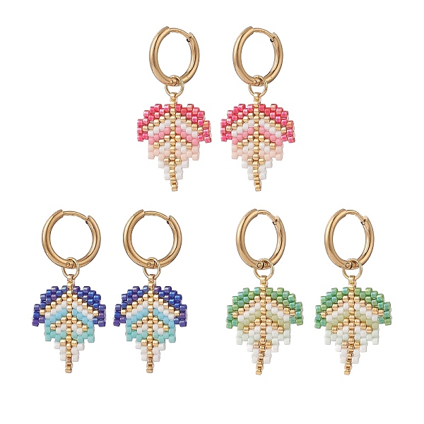 

PandaHall 3 Pair 3 Color Glass Seed Braided Leaf Dangle Hoop Earrings, Golden 304 Stainless Steel Jewelry for Women, Mixed Color, 37mm, Pin..., Multicolor